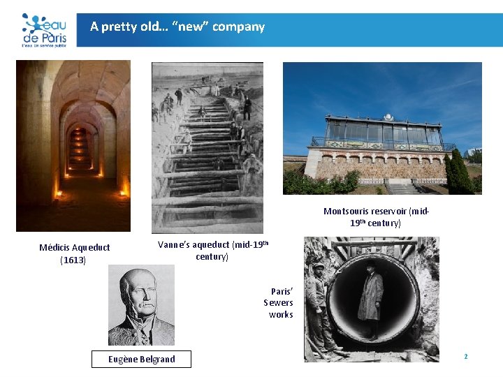 A pretty old… “new” company Montsouris reservoir (mid 19 th century) Médicis Aqueduct (1613)