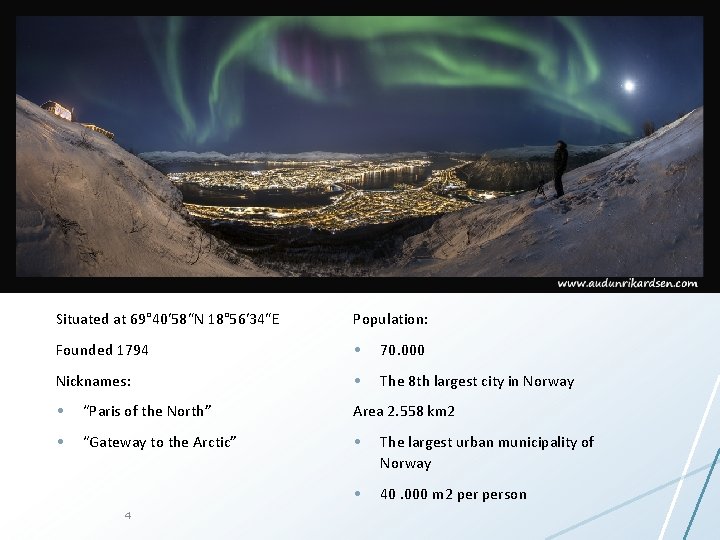 Kort om Tromsø Situated at 69° 40′ 58″N 18° 56′ 34″E Population: Founded 1794