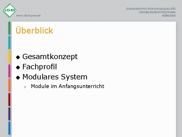 Überblick u u u Gesamtkonzept Fachprofil Modulares System Ø Module im Anfangsunterricht 