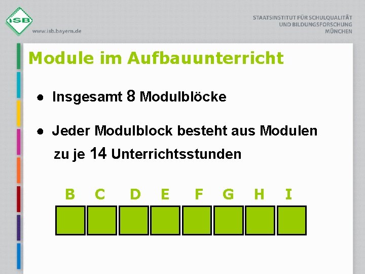 Module im Aufbauunterricht ● Insgesamt 8 Modulblöcke ● Jeder Modulblock besteht aus Modulen zu