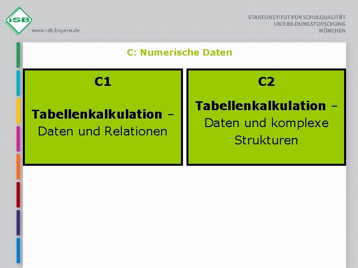 C: Numerische Daten C 1 C 2 Tabellenkalkulation – Daten und Relationen Tabellenkalkulation –