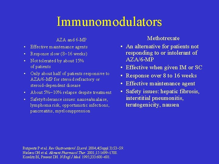 Immunomodulators • • • AZA and 6 -MP Effective maintenance agents Response slow (8 Immunomodulators • • • AZA and 6 -MP Effective maintenance agents Response slow (8