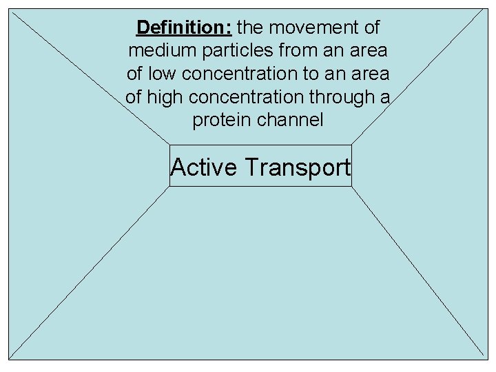 Definition: the movement of medium particles from an area of low concentration to an