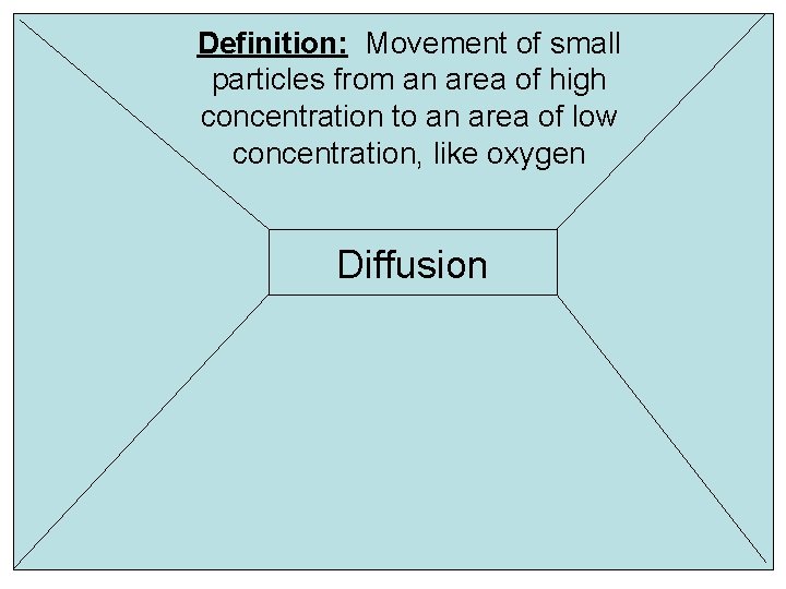 Definition: Movement of small particles from an area of high concentration to an area