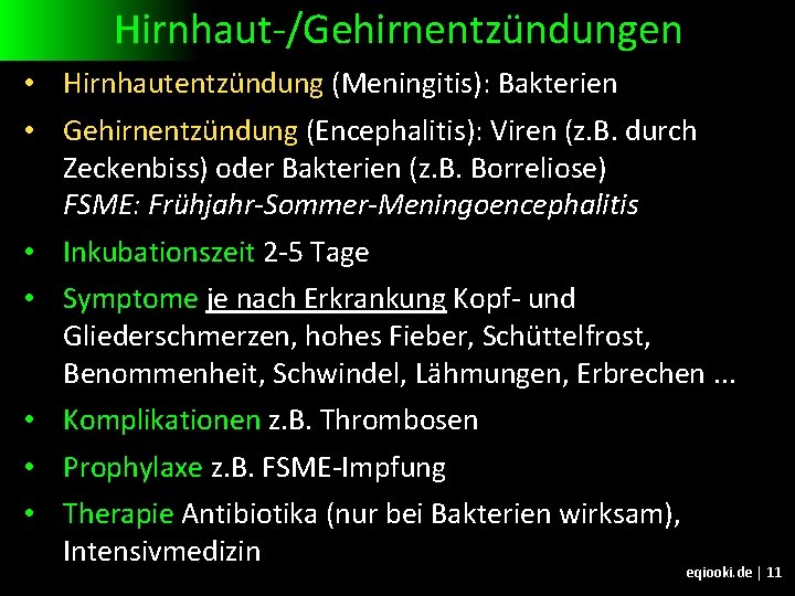 Hirnhaut-/Gehirnentzündungen • Hirnhautentzündung (Meningitis): Bakterien • Gehirnentzündung (Encephalitis): Viren (z. B. durch Zeckenbiss) oder