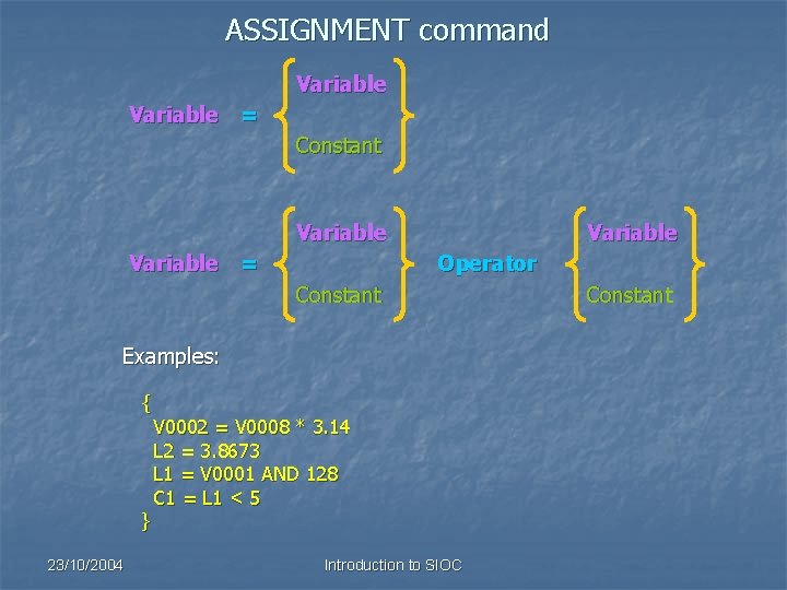 ASSIGNMENT command Variable = Constant Variable = Variable Operator Constant Examples: { } 23/10/2004