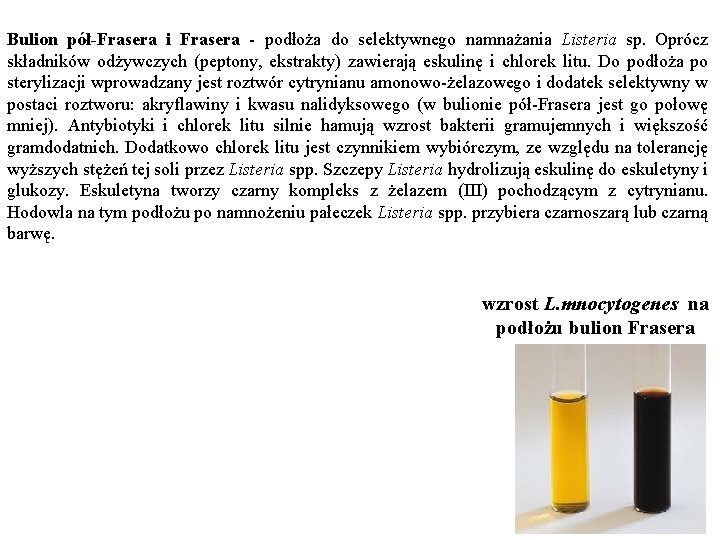 Bulion pół-Frasera i Frasera - podłoża do selektywnego namnażania Listeria sp. Oprócz składników odżywczych