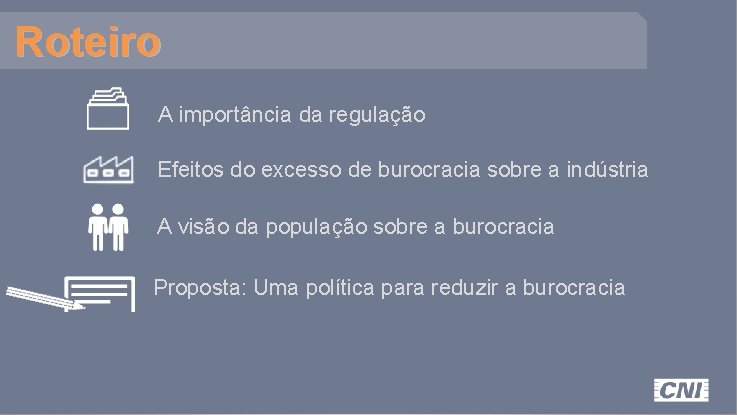 Roteiro A importância da regulação Efeitos do excesso de burocracia sobre a indústria A