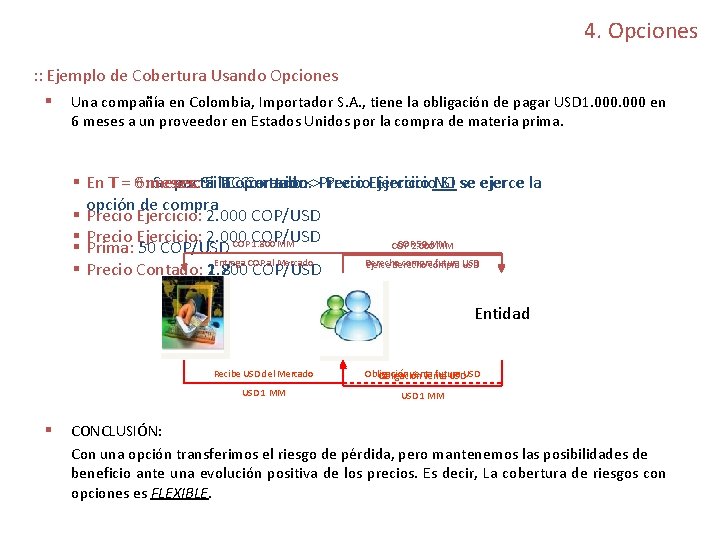 4. Opciones : : Ejemplo de Cobertura Usando Opciones § Una compañía en Colombia,