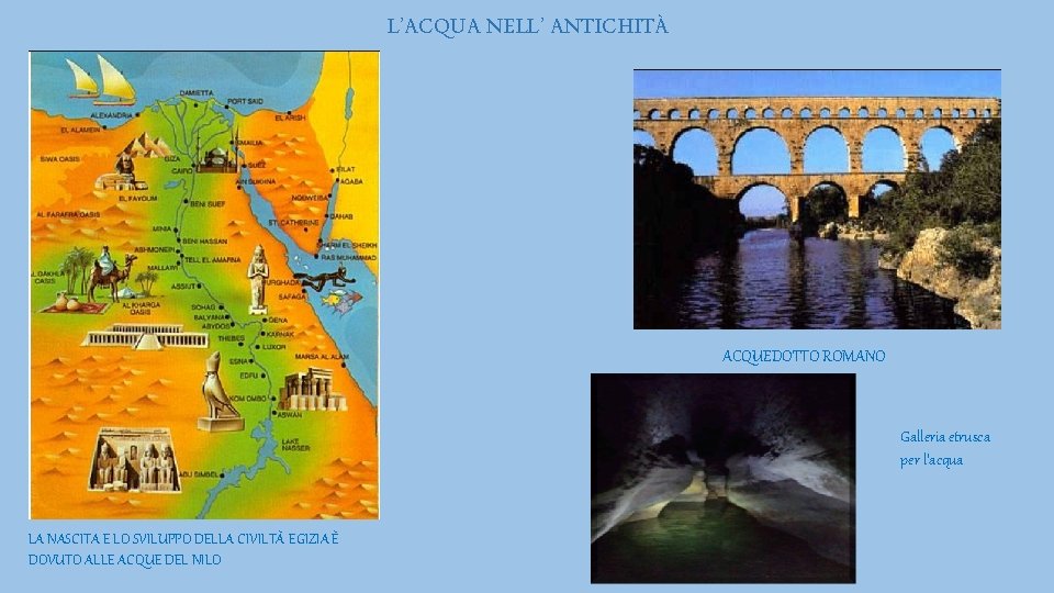 L’ACQUA NELL’ ANTICHITÀ ACQUEDOTTO ROMANO Galleria etrusca per l’acqua LA NASCITA E LO SVILUPPO