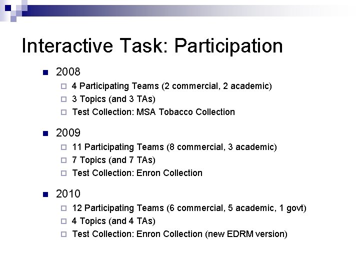 Interactive Task: Participation n 2008 4 Participating Teams (2 commercial, 2 academic) ¨ 3