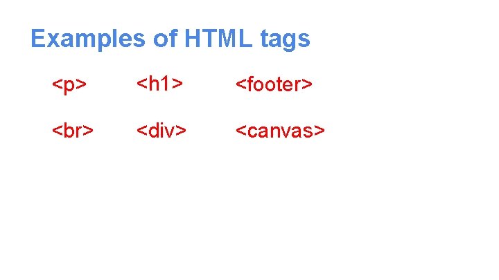 Examples of HTML tags <p> <h 1> <footer> <div> <canvas> 