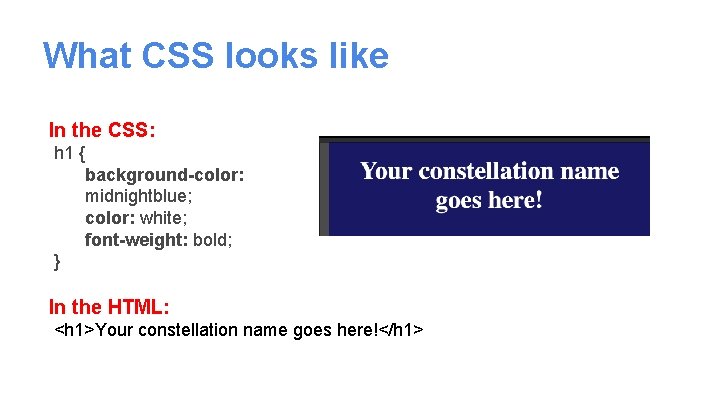 What CSS looks like In the CSS: h 1 { background-color: midnightblue; color: white;