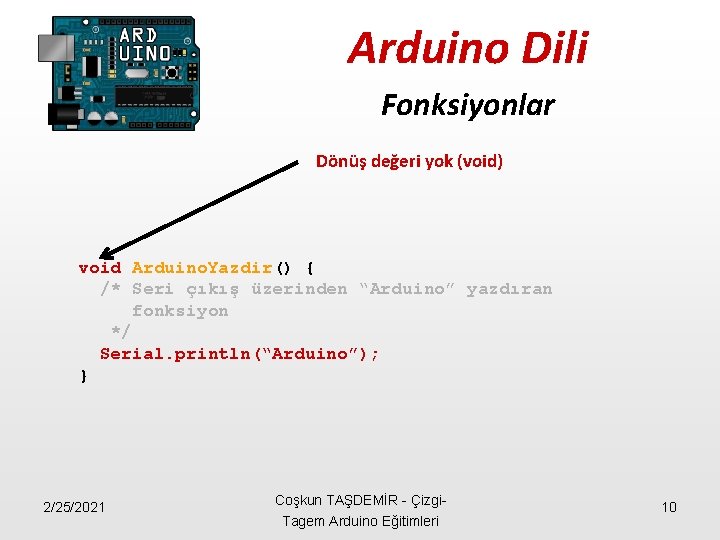 Arduino Dili Fonksiyonlar Dönüş değeri yok (void) void Arduino. Yazdir() { /* Seri çıkış