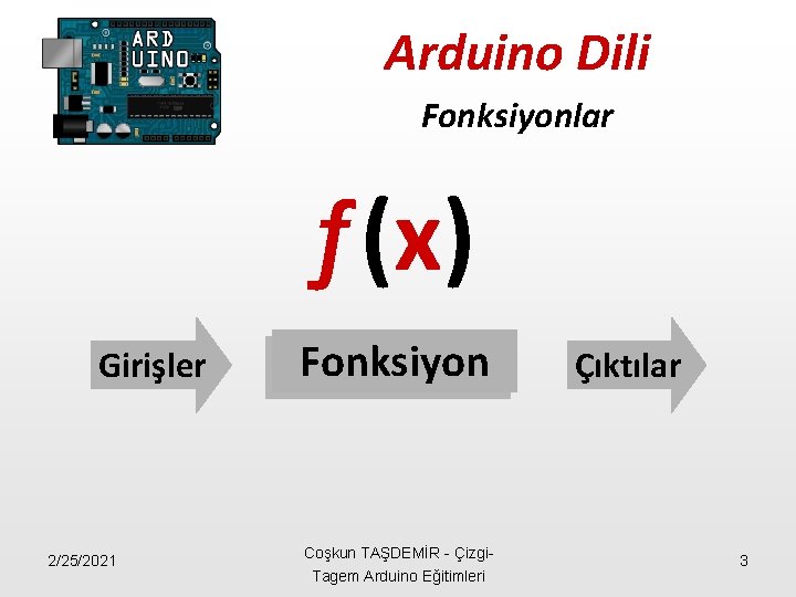 Arduino Dili Fonksiyonlar ƒ(x) Girişler 2/25/2021 Fonksiyon Coşkun TAŞDEMİR - Çizgi. Tagem Arduino Eğitimleri