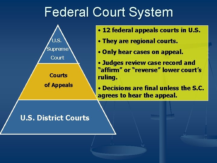 Federal Court System • 12 federal appeals courts in U. S. Supreme Courts of