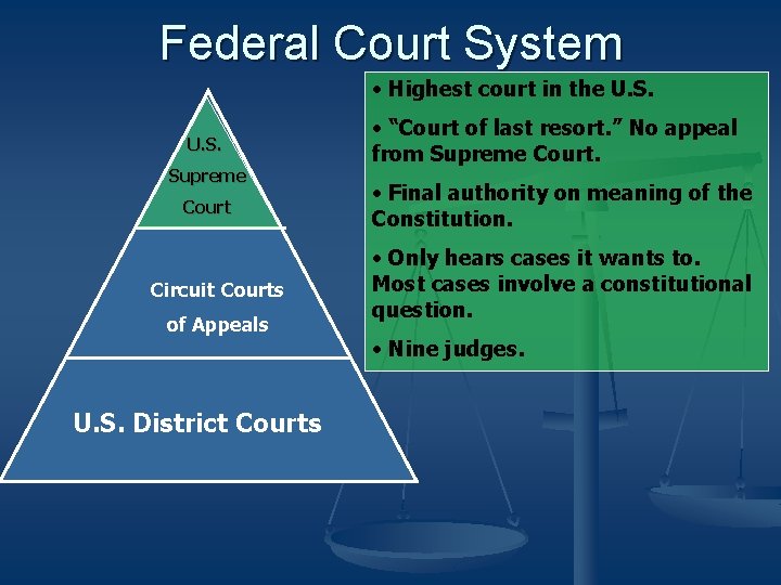 Federal Court System • Highest court in the U. S. Supreme Court Circuit Courts