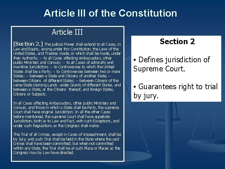 Article III of the Constitution Article III [Section 2. ] The judicial Power shall