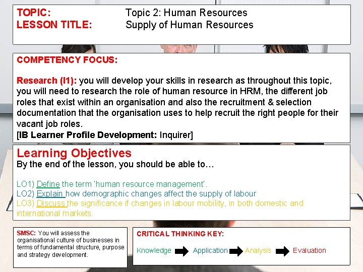 TOPIC: LESSON TITLE: Topic 2: Human Resources Supply of Human Resources COMPETENCY FOCUS: Research