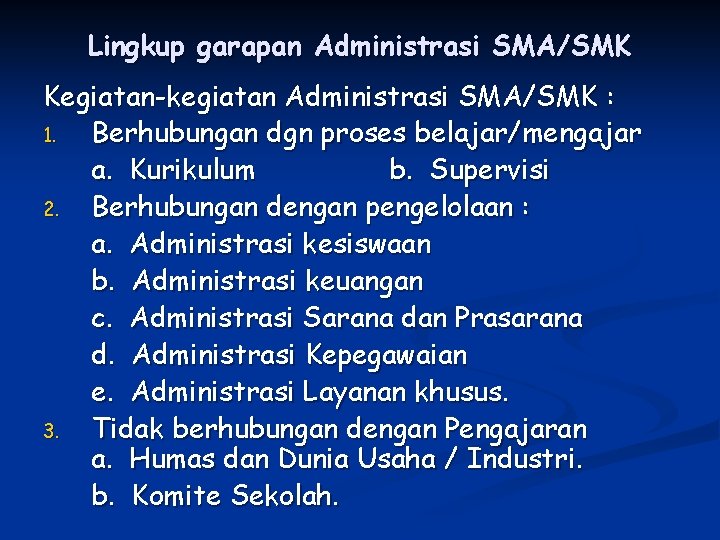 Lingkup garapan Administrasi SMA/SMK Kegiatan-kegiatan Administrasi SMA/SMK : 1. Berhubungan dgn proses belajar/mengajar a.