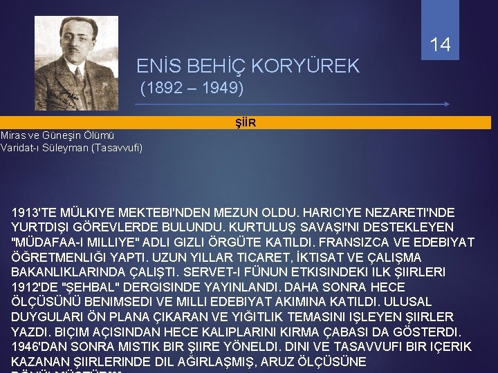 ENİS BEHİÇ KORYÜREK 14 (1892 – 1949) ŞİİR Miras ve Güneşin Ölümü Varidat-ı Süleyman ENİS BEHİÇ KORYÜREK 14 (1892 – 1949) ŞİİR Miras ve Güneşin Ölümü Varidat-ı Süleyman