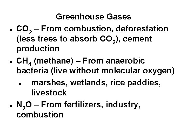  Greenhouse Gases CO 2 – From combustion, deforestation (less trees to absorb CO