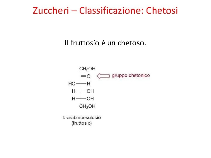 Zuccheri – Classificazione: Chetosi Il fruttosio è un chetoso. 