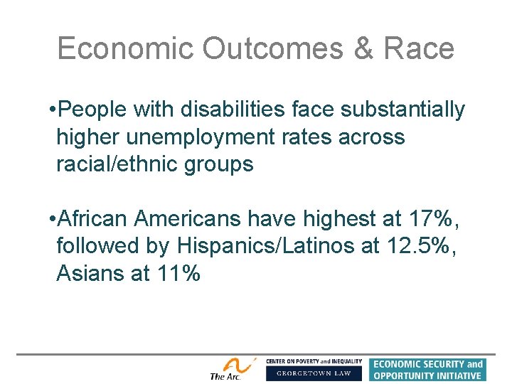 Economic Outcomes & Race • People with disabilities face substantially higher unemployment rates across