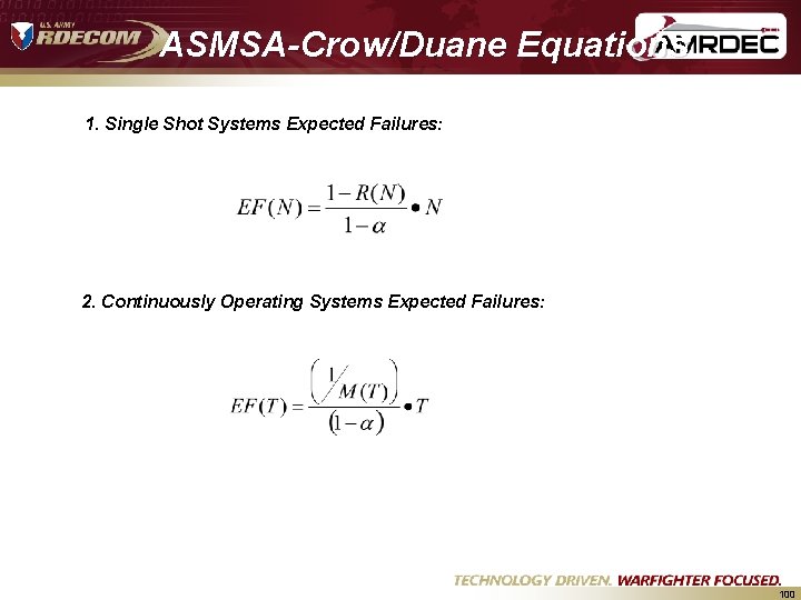 ASMSA-Crow/Duane Equations 1. Single Shot Systems Expected Failures: 2. Continuously Operating Systems Expected Failures: ASMSA-Crow/Duane Equations 1. Single Shot Systems Expected Failures: 2. Continuously Operating Systems Expected Failures: