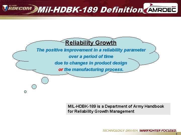 Mil-HDBK-189 Definition Reliability Growth The positive improvement in a reliability parameter over a period Mil-HDBK-189 Definition Reliability Growth The positive improvement in a reliability parameter over a period