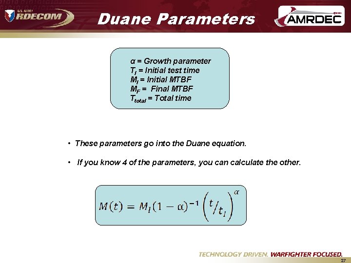 Duane Parameters α = Growth parameter TI = Initial test time MI = Initial Duane Parameters α = Growth parameter TI = Initial test time MI = Initial