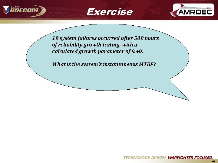 Exercise 10 system failures occurred after 500 hours of reliability growth testing, with a Exercise 10 system failures occurred after 500 hours of reliability growth testing, with a
