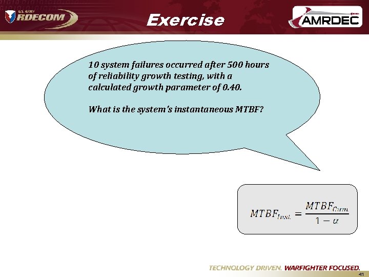 Exercise 10 system failures occurred after 500 hours of reliability growth testing, with a Exercise 10 system failures occurred after 500 hours of reliability growth testing, with a