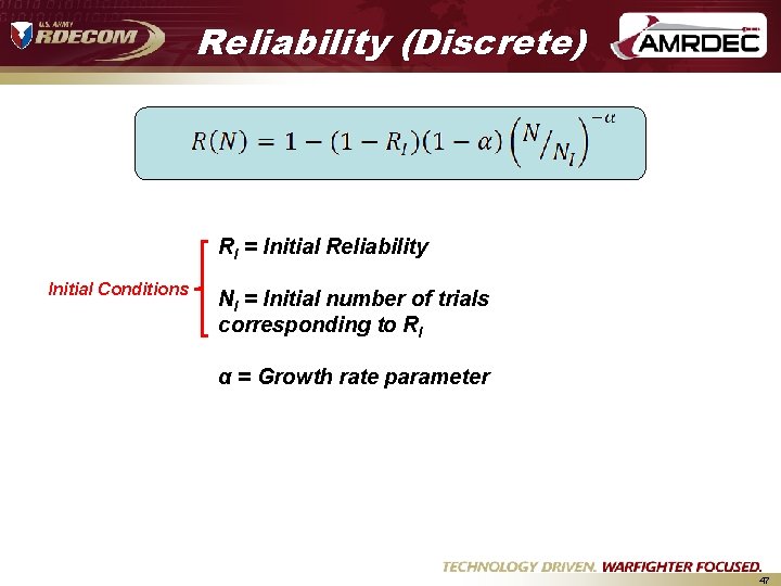 Reliability (Discrete) RI = Initial Reliability Initial Conditions NI = Initial number of trials Reliability (Discrete) RI = Initial Reliability Initial Conditions NI = Initial number of trials