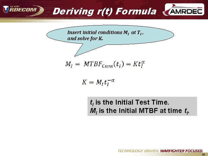 Deriving r(t) Formula Insert initial conditions MI at TI , and solve for K. Deriving r(t) Formula Insert initial conditions MI at TI , and solve for K.