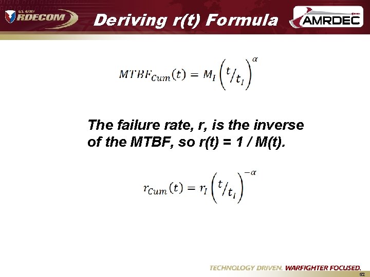 Deriving r(t) Formula The failure rate, r, is the inverse of the MTBF, so Deriving r(t) Formula The failure rate, r, is the inverse of the MTBF, so