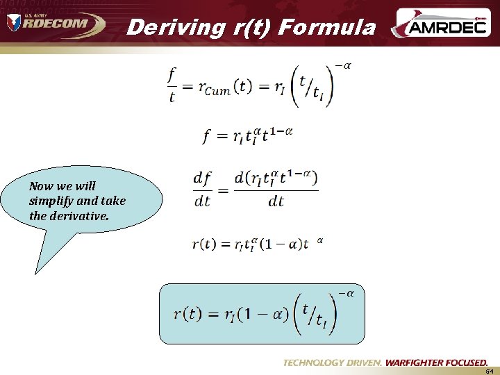 Deriving r(t) Formula Now we will simplify and take the derivative. 54 Deriving r(t) Formula Now we will simplify and take the derivative. 54