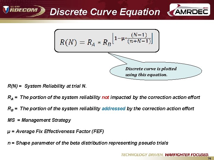Discrete Curve Equation Discrete curve is plotted using this equation. R(N) = System Reliability Discrete Curve Equation Discrete curve is plotted using this equation. R(N) = System Reliability
