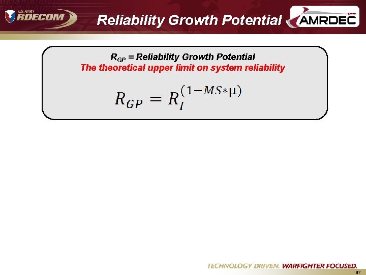 Reliability Growth Potential RGP = Reliability Growth Potential The theoretical upper limit on system Reliability Growth Potential RGP = Reliability Growth Potential The theoretical upper limit on system