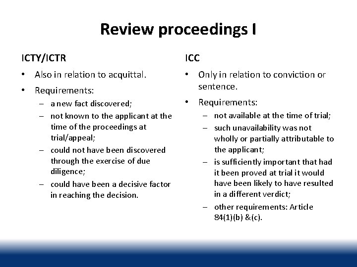 Review proceedings I ICTY/ICTR ICC • Also in relation to acquittal. • Only in