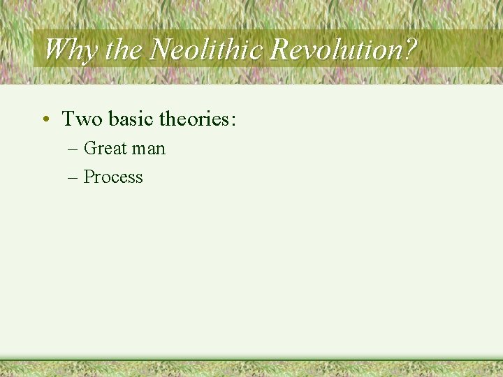 Why the Neolithic Revolution? • Two basic theories: – Great man – Process 