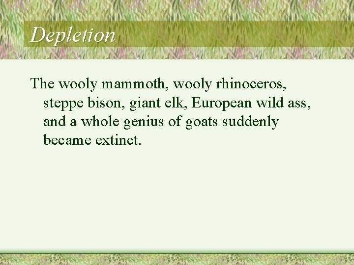 Depletion The wooly mammoth, wooly rhinoceros, steppe bison, giant elk, European wild ass, and