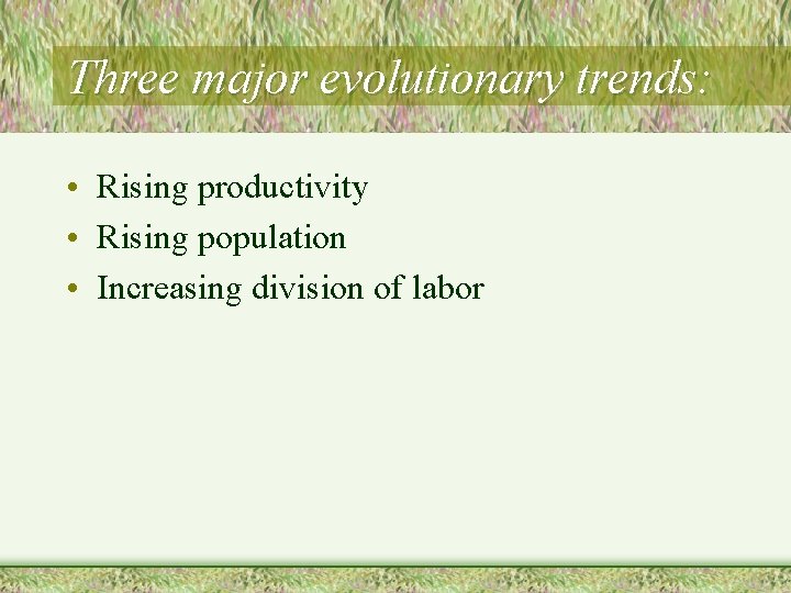 Three major evolutionary trends: • Rising productivity • Rising population • Increasing division of