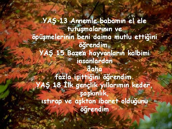 YAŞ 13 Annemle babamın el ele tutuşmalarının ve öpüşmelerinin beni daima mutlu ettiğini öğrendim.