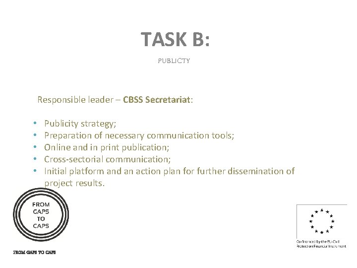 TASK B: PUBLICTY Responsible leader – CBSS Secretariat: • • • Publicity strategy; Preparation