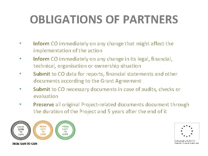 OBLIGATIONS OF PARTNERS • • • Inform CO immediately on any change that might