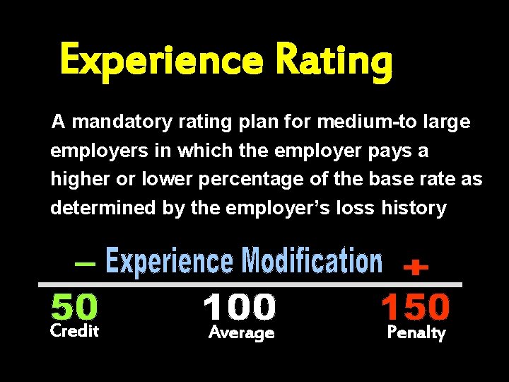 Experience Rating A mandatory rating plan for medium-to large employers in which the employer