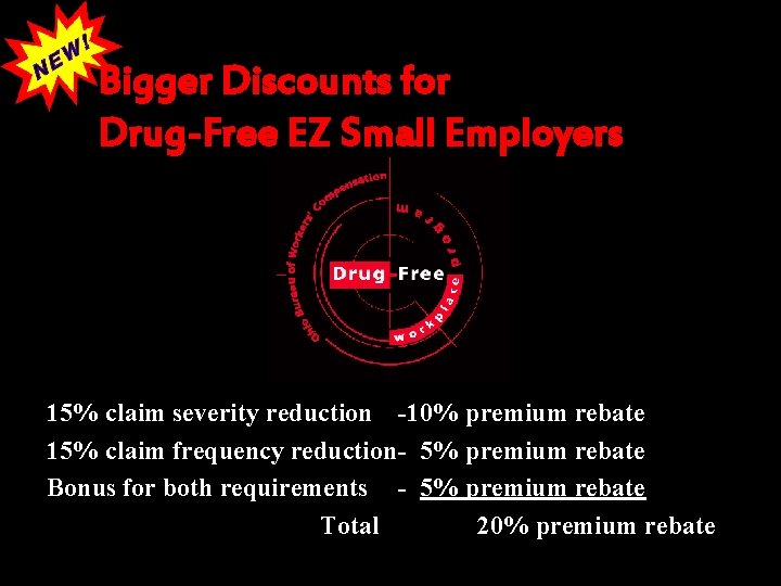 Bigger Discounts for Drug-Free EZ Small Employers 15% claim severity reduction -10% premium rebate