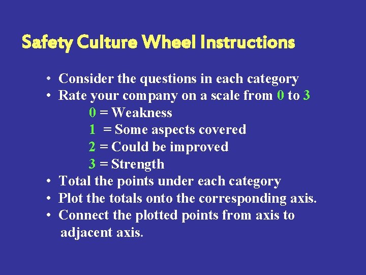 Safety Culture Wheel Instructions • Consider the questions in each category • Rate your