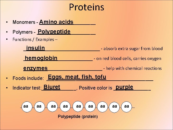 Proteins • Monomers - Amino ___________ acids Polypeptide • Polymers - ___________ • Functions